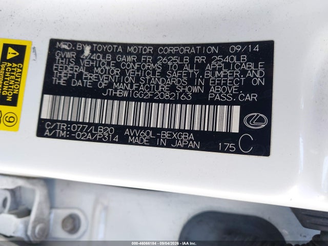 46066184 :رقم المزاد ، JTHBW1GG2F2082163 vin ، 2015 Lexus Es 300h مزاد بيع