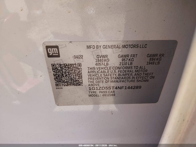 Aukcja sprzedaży 2022 Chevrolet Malibu Fwd Lt, vin: 1G1ZD5ST4NF144289, numer aukcji: 46066194