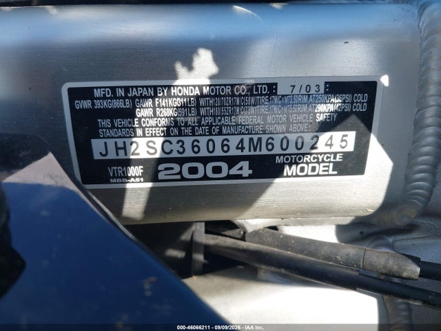 Aukcja sprzedaży 2004 Honda Vtr1000 F, vin: JH2SC36064M600245, numer aukcji: 46066211