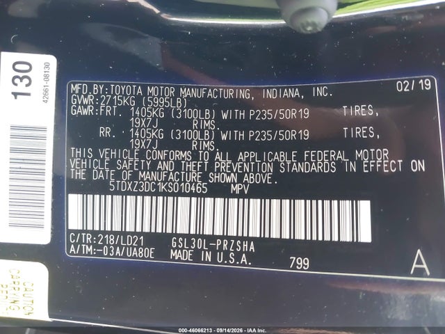 Продажа на аукционе авто 2019 Toyota Sienna Se Premium 8 Passenger, vin: 5TDXZ3DC1KS010465, номер лота: 46066213