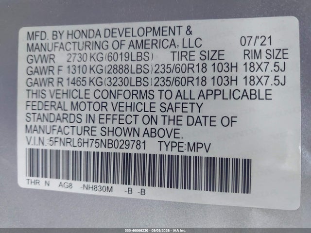 Продажа на аукционе авто 2022 Honda Odyssey Ex-l, vin: 5FNRL6H75NB029781, номер лота: 46066230