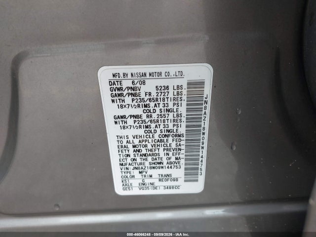 Продаж на аукціоні авто 2009 Nissan Murano Sl, vin: JN8AZ18W09W144753, номер лоту: 46066248
