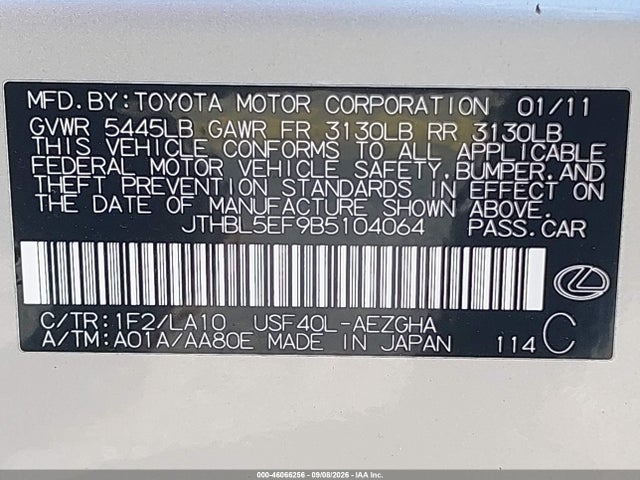 2011 Lexus Ls 460 მანქანა იყიდება აუქციონზე, vin: JTHBL5EF9B5104064, აუქციონის ნომერი: 46066256