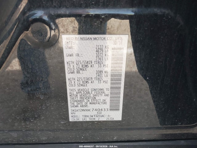 46066257 :رقم المزاد ، 5N1AT2MVXHC740433 vin ، 2017 Nissan Rogue Sl مزاد بيع