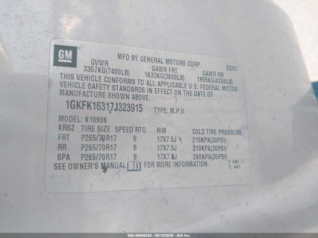 Продажа на аукционе авто 2007 Gmc Yukon Xl 1500 Slt, vin: 1GKFK16317J323915, номер лота: 46066258