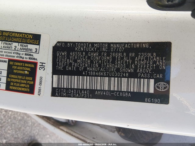 Aukcja sprzedaży 2007 Toyota Camry Hybrid, vin: 4T1BB46K67U030248, numer aukcji: 46066260