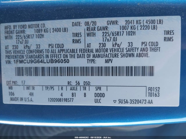 46066262 :رقم المزاد ، 1FMCU9G64LUB96050 vin ، 2020 Ford Escape Se مزاد بيع