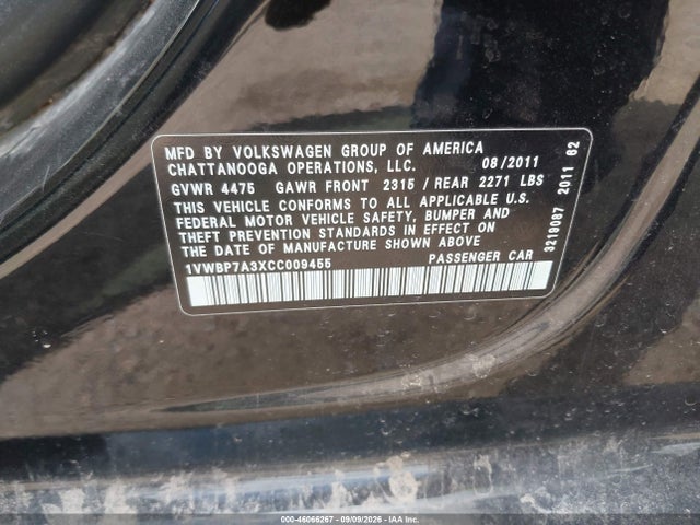 46066267 :رقم المزاد ، 1VWBP7A3XCC009455 vin ، 2012 Volkswagen Passat 2.5l Se مزاد بيع