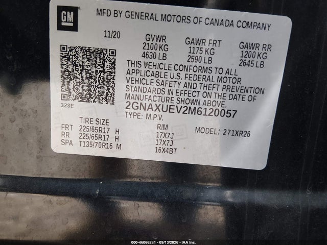 2021 Chevrolet Equinox Awd Lt მანქანა იყიდება აუქციონზე, vin: 2GNAXUEV2M6120057, აუქციონის ნომერი: 46066281