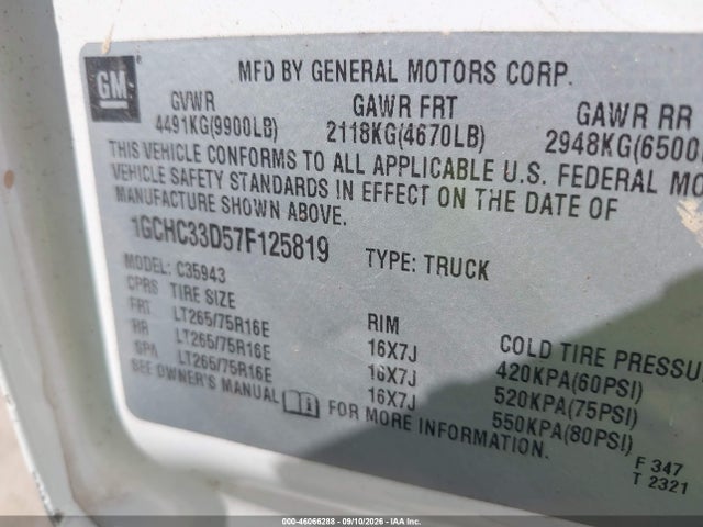2007 Chevrolet Silverado 3500 Classic Work Truck მანქანა იყიდება აუქციონზე, vin: 1GCHC33D57F125819, აუქციონის ნომერი: 46066288