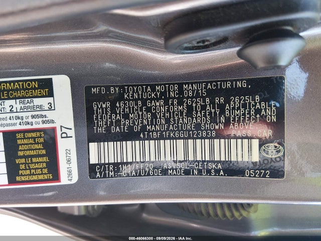 2016 Toyota Camry Se მანქანა იყიდება აუქციონზე, vin: 4T1BF1FK6GU123838, აუქციონის ნომერი: 46066300