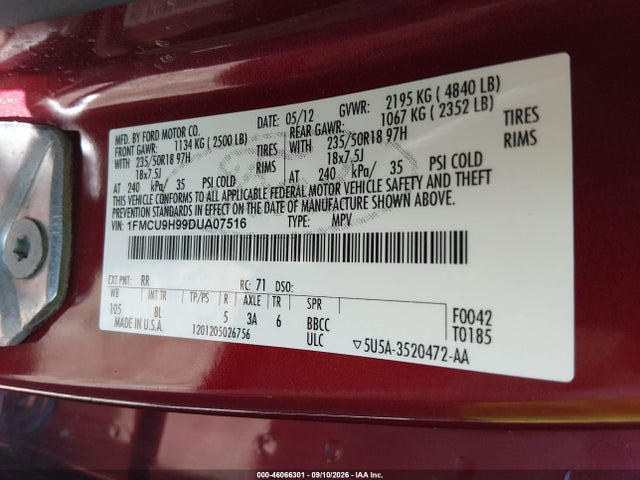 2013 Ford Escape Sel მანქანა იყიდება აუქციონზე, vin: 1FMCU9H99DUA07516, აუქციონის ნომერი: 46066301