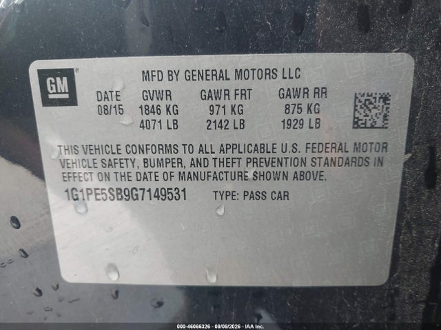 46066326 :رقم المزاد ، 1G1PE5SB9G7149531 vin ، 2016 Chevrolet Cruze Limited 1lt Auto مزاد بيع
