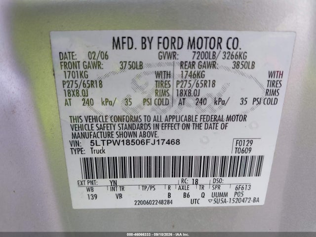 46066333 :رقم المزاد ، 5LTPW18506FJ17468 vin ، 2006 Lincoln Mark Lt مزاد بيع