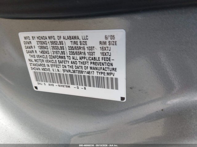 Продаж на аукціоні авто 2005 Honda Odyssey Ex-l, vin: 5FNRL38735B114617, номер лоту: 46066336