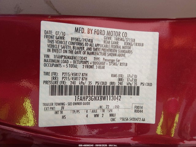 Продажа на аукционе авто 2011 Ford Focus Ses, vin: 1FAHP3GNXBW113042, номер лота: 46066340