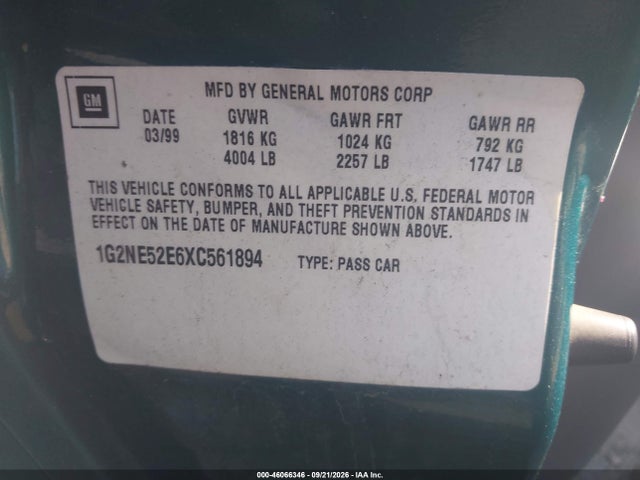 Продажа на аукционе авто 1999 Pontiac Grand Am Se1, vin: 1G2NE52E6XC561894, номер лота: 46066346