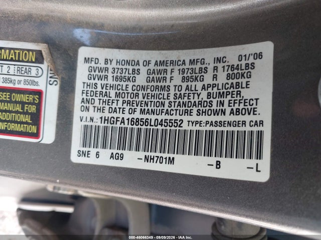 Продажа на аукционе авто 2006 Honda Civic Ex, vin: 1HGFA16856L045552, номер лота: 46066349