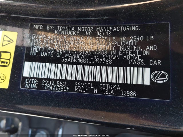 46066355 :رقم المزاد ، 58ABK1GG1JU117788 vin ، 2018 Lexus Es 350 مزاد بيع