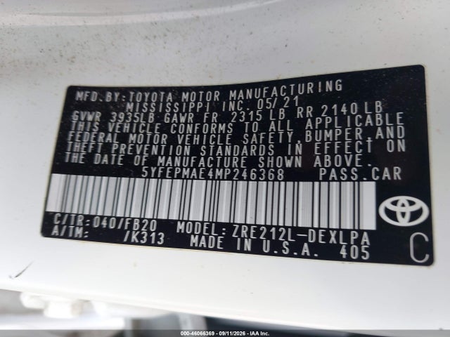 Toyota COROLLA LE 2021 5YFEPMAE4MP246368 Image 9