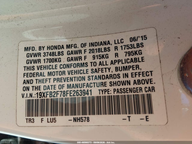 Продажа на аукционе авто 2015 Honda Civic Se, vin: 19XFB2F78FE263941, номер лота: 46066373