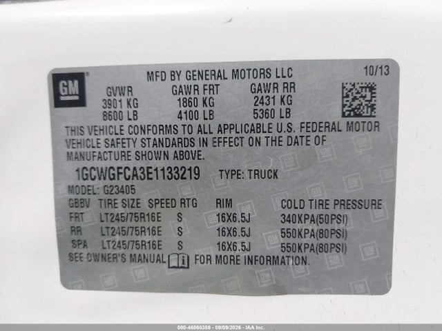 Продажа на аукционе авто 2014 Chevrolet Express 2500 Work Van, vin: 1GCWGFCA3E1133219, номер лота: 46066386
