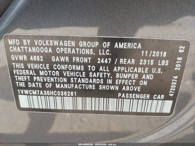 Продажа на аукционе авто 2017 Volkswagen Passat V6 Sel Premium, vin: 1VWCM7A35HC036261, номер лота: 46066396