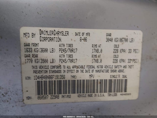 Aukcja sprzedaży 2006 Dodge Durango Slt, vin: 1D4HB48N86F191356, numer aukcji: 46066415
