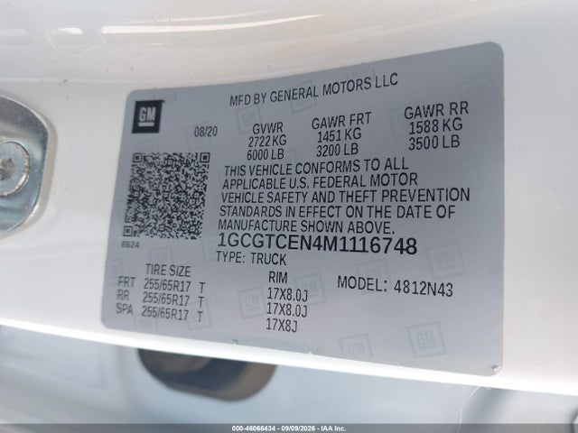 Aukcja sprzedaży 2021 Chevrolet Colorado 4wd  Short Box Lt, vin: 1GCGTCEN4M1116748, numer aukcji: 46066434