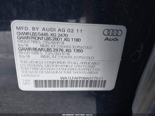 Продажа на аукционе авто 2011 Audi Q5 2.0t Premium, vin: WA1LFAFP0BA077531, номер лота: 46066445
