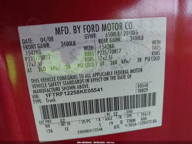 2008 Ford F-150 Stx/xl/xlt მანქანა იყიდება აუქციონზე, vin: 1FTRF12258KE05541, აუქციონის ნომერი: 46066446