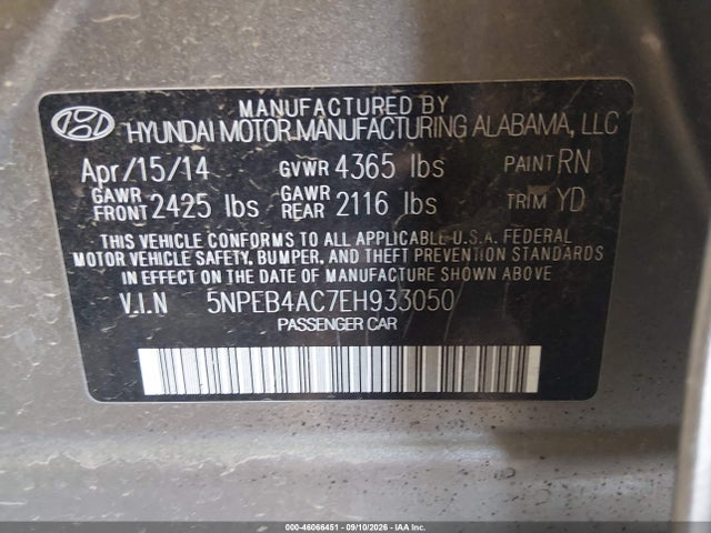 Hyundai SONATA GLS 2014 5NPEB4AC7EH933050 Image 9