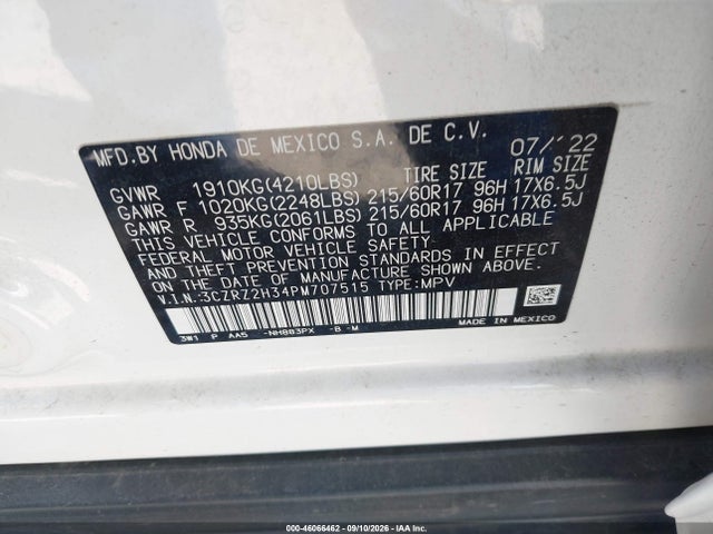 46066462 :رقم المزاد ، 3CZRZ2H34PM707515 vin ، 2023 Honda Hr-v Awd Lx مزاد بيع