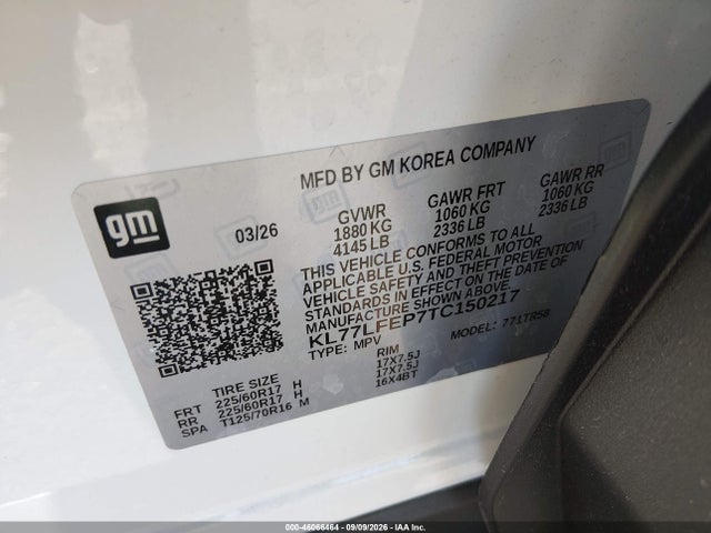 46066464 :رقم المزاد ، KL77LFEP7TC150217 vin ، 2026 Chevrolet Trax Fwd Ls مزاد بيع