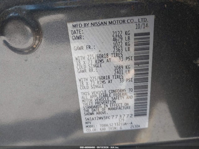 Продажа на аукционе авто 2015 Nissan Rogue Sl, vin: 5N1AT2MV3FC773772, номер лота: 46066466