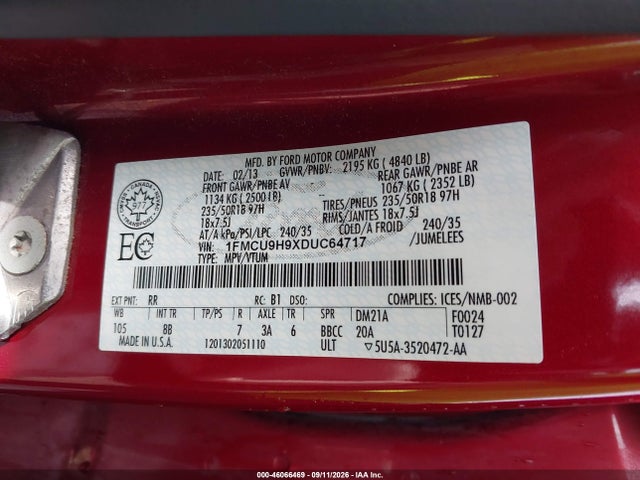 Продажа на аукционе авто 2013 Ford Escape Sel, vin: 1FMCU9H9XDUC64717, номер лота: 46066469