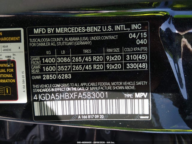 46066480 :رقم المزاد ، 4JGDA5HBXFA583001 vin ، 2015 Mercedes-benz Ml 350 4matic مزاد بيع