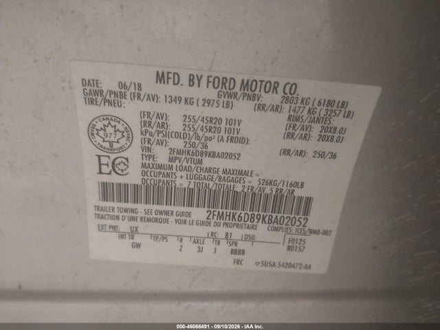 46066491 :رقم المزاد ، 2FMHK6D89KBA02052 vin ، 2019 Ford Flex Limited مزاد بيع