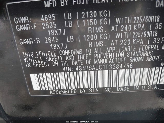 46066493 :رقم المزاد ، 4S4BSALC1F3284756 vin ، 2015 Subaru Outback 2.5i Limited مزاد بيع