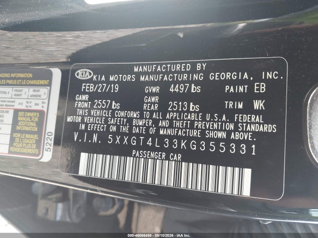 46066498 :رقم المزاد ، 5XXGT4L33KG355331 vin ، 2019 Kia Optima Lx مزاد بيع