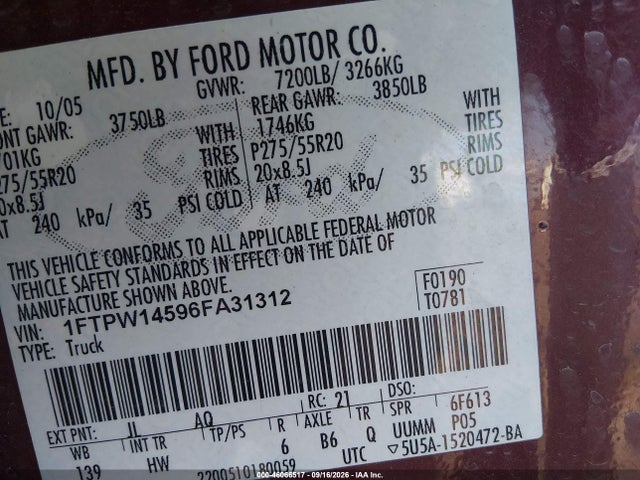 2006 Ford F-150 Fx4/lariat/xlt მანქანა იყიდება აუქციონზე, vin: 1FTPW14596FA31312, აუქციონის ნომერი: 46066517