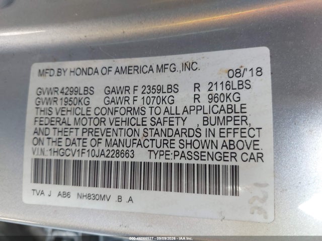 46066527 :رقم المزاد ، 1HGCV1F10JA228663 vin ، 2018 Honda Accord Lx مزاد بيع