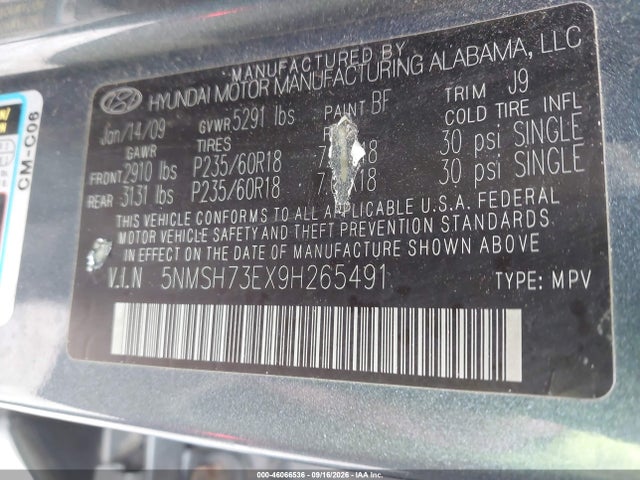 46066536 :رقم المزاد ، 5NMSH73EX9H265491 vin ، 2009 Hyundai Santa Fe Limited مزاد بيع