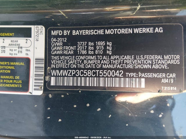 46066542 :رقم المزاد ، WMWZP3C58CT550042 vin ، 2012 Mini Cooper S مزاد بيع