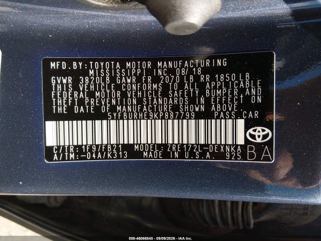 Продаж на аукціоні авто 2019 Toyota Corolla Le, vin: 5YFBURHE9KP887799, номер лоту: 46066545