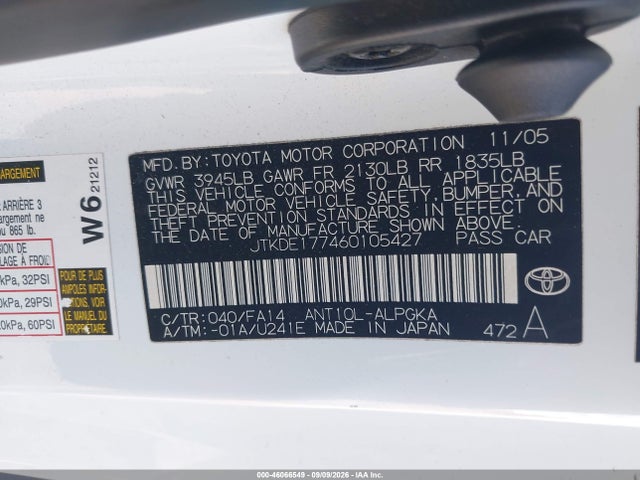 Aukcja sprzedaży 2006 Scion Tc, vin: JTKDE177460105427, numer aukcji: 46066549