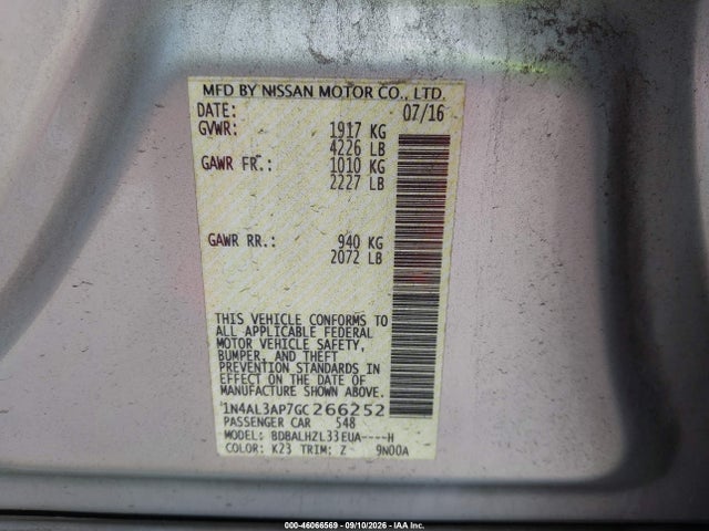 Продаж на аукціоні авто 2016 Nissan Altima 2.5 Sr, vin: 1N4AL3AP7GC266252, номер лоту: 46066569