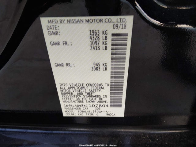 Aukcja sprzedaży 2019 Nissan Altima 2.5 Sv, vin: 1N4BL4DV8KC107804, numer aukcji: 46066577