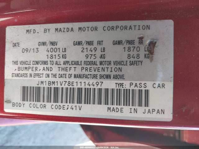 46066582 :رقم المزاد ، JM1BM1V78E1114497 vin ، 2014 Mazda Mazda3 I Touring مزاد بيع