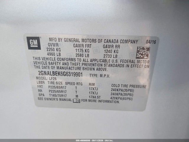 Продаж на аукціоні авто 2016 Chevrolet Equinox Ls, vin: 2GNALBEK6G6319901, номер лоту: 46066586